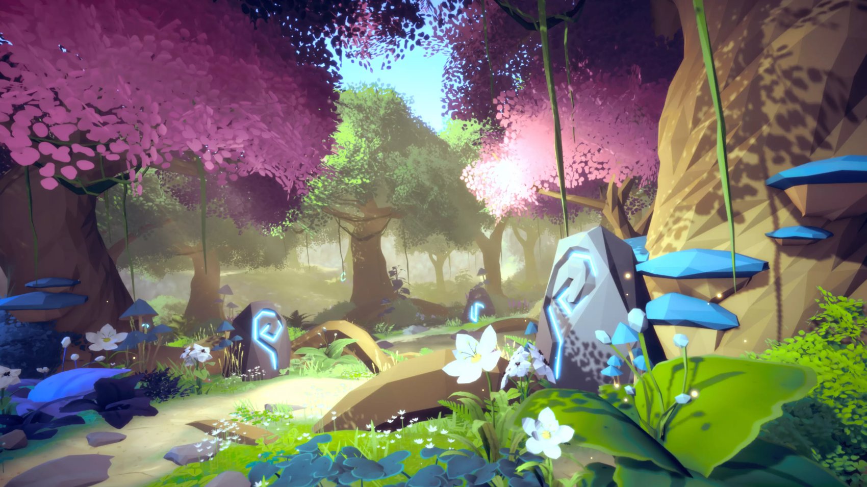 the whispering woods, a glowing forest with rune stones and bioluminescent mushrooms